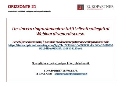 WEBINAR EUROPARTNER – RINGRAZIAMENTI E LINK PER RIVEDERE IL SEMINARIO