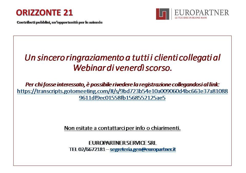 WEBINAR EUROPARTNER – RINGRAZIAMENTI E LINK PER RIVEDERE IL SEMINARIO