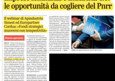 GIORNALE DI BRESCIA – IL WEBINAR APINDUSTRIA, EUROPARTNER E SIMEST – PNRR OPPORTUNITA’ DA COGLIERE