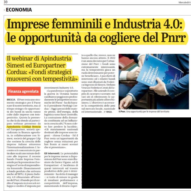 GIORNALE DI BRESCIA – IL WEBINAR APINDUSTRIA, EUROPARTNER E SIMEST – PNRR OPPORTUNITA’ DA COGLIERE